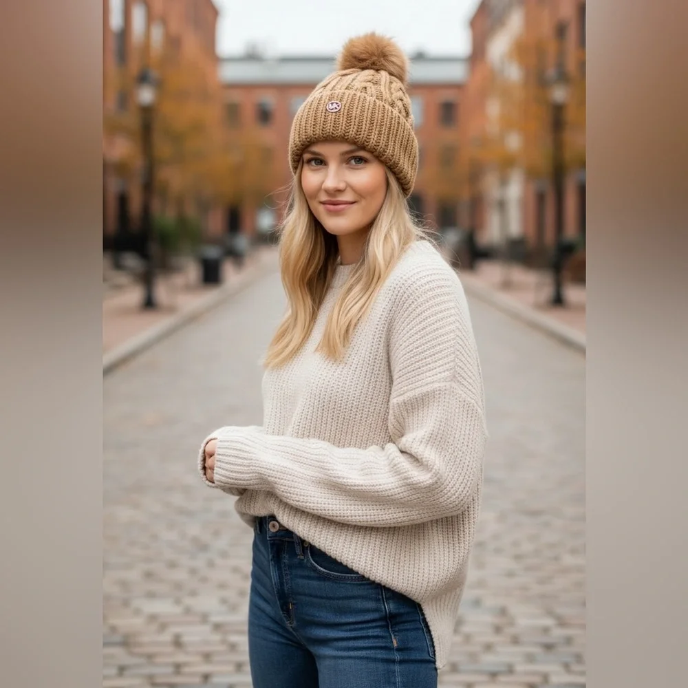 NWT Michael Kors Cable Knit Beanie Camel Pom Pom MK Logo